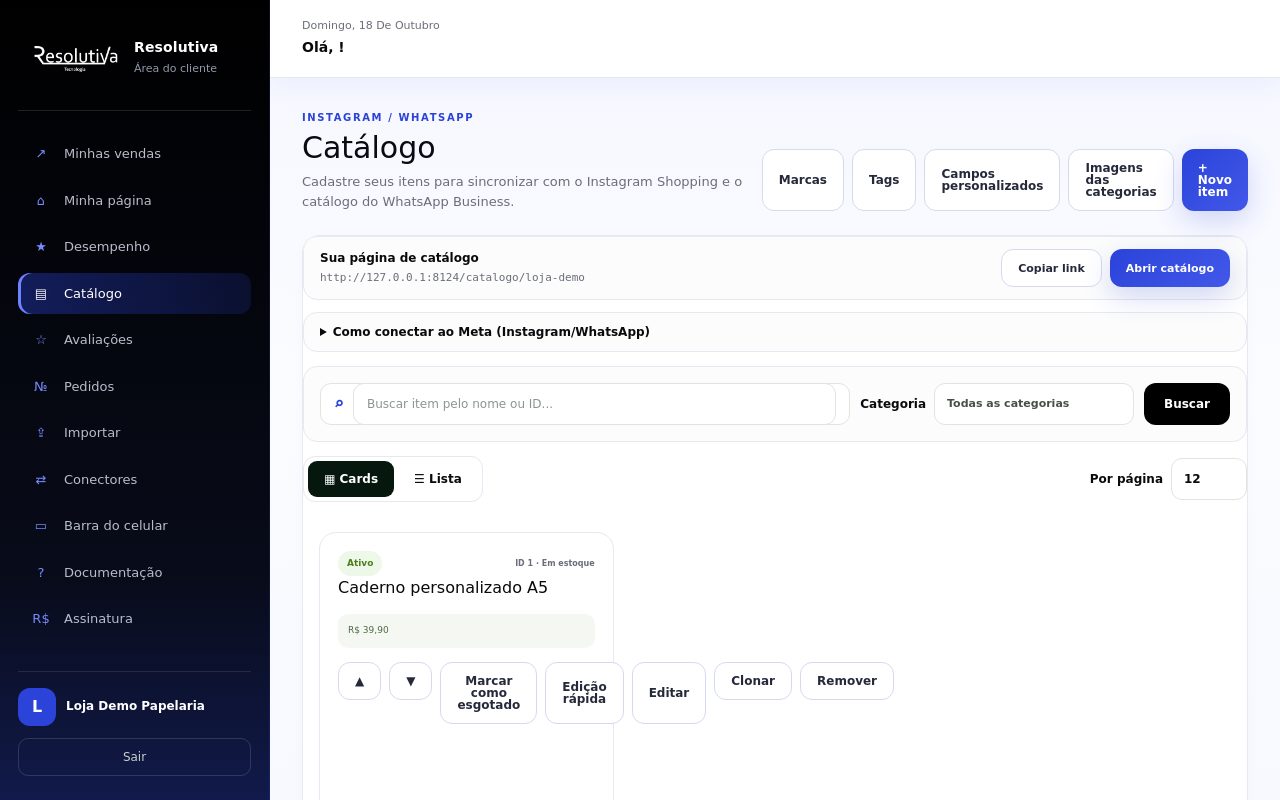 Página Catálogo com o botão Campos personalizados destacado no topo, ao lado de Marcas, Tags e Imagens das categorias