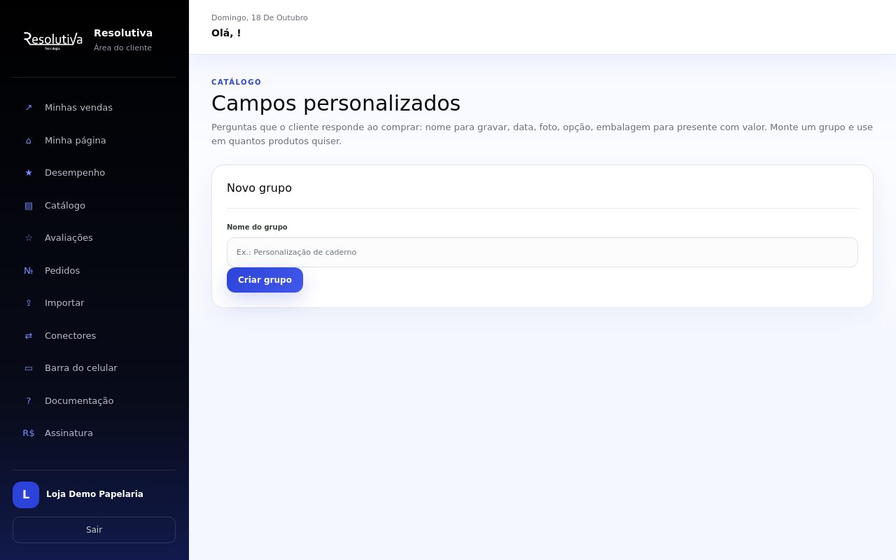 Lista de grupos de campos personalizados, com um grupo, o botão Editar campos e o formulário Novo grupo