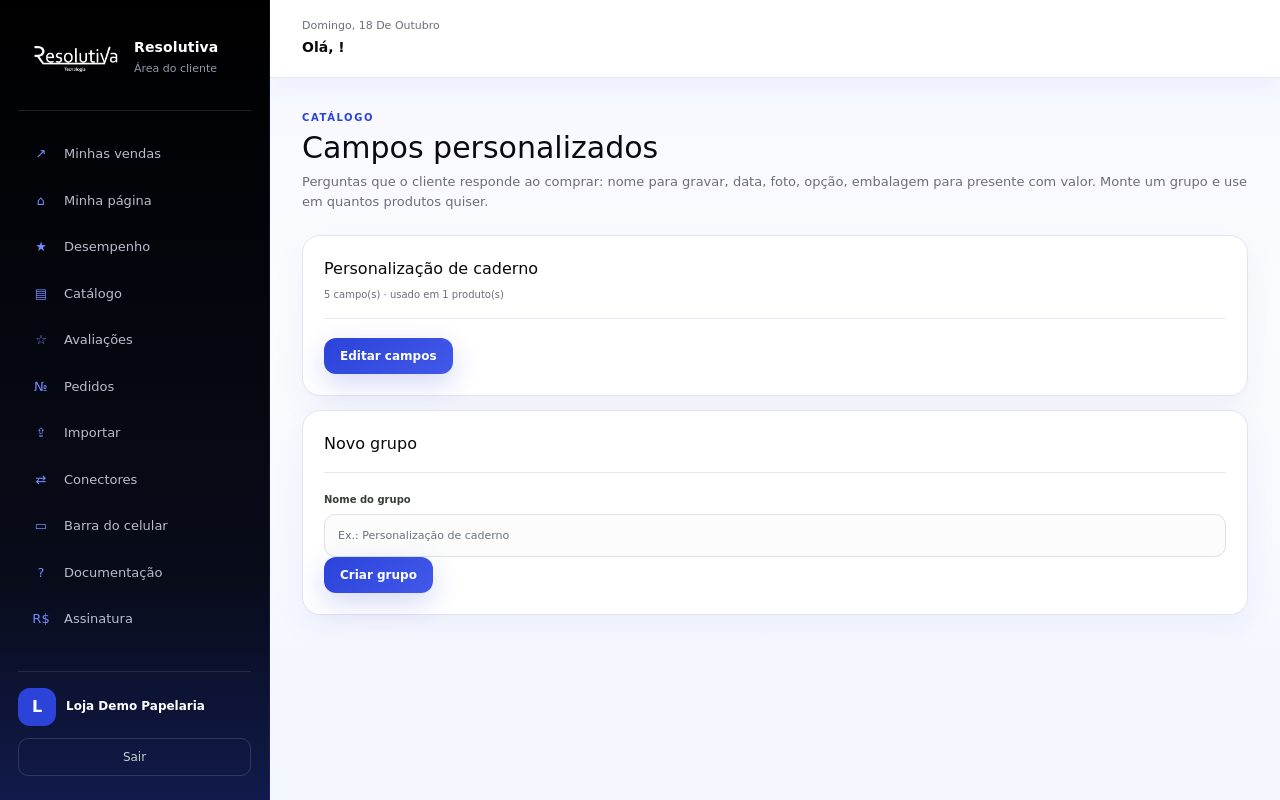 Lista de grupos mostrando o grupo Personalização de caderno com 5 campos, usado em 1 produto, e o botão Editar campos