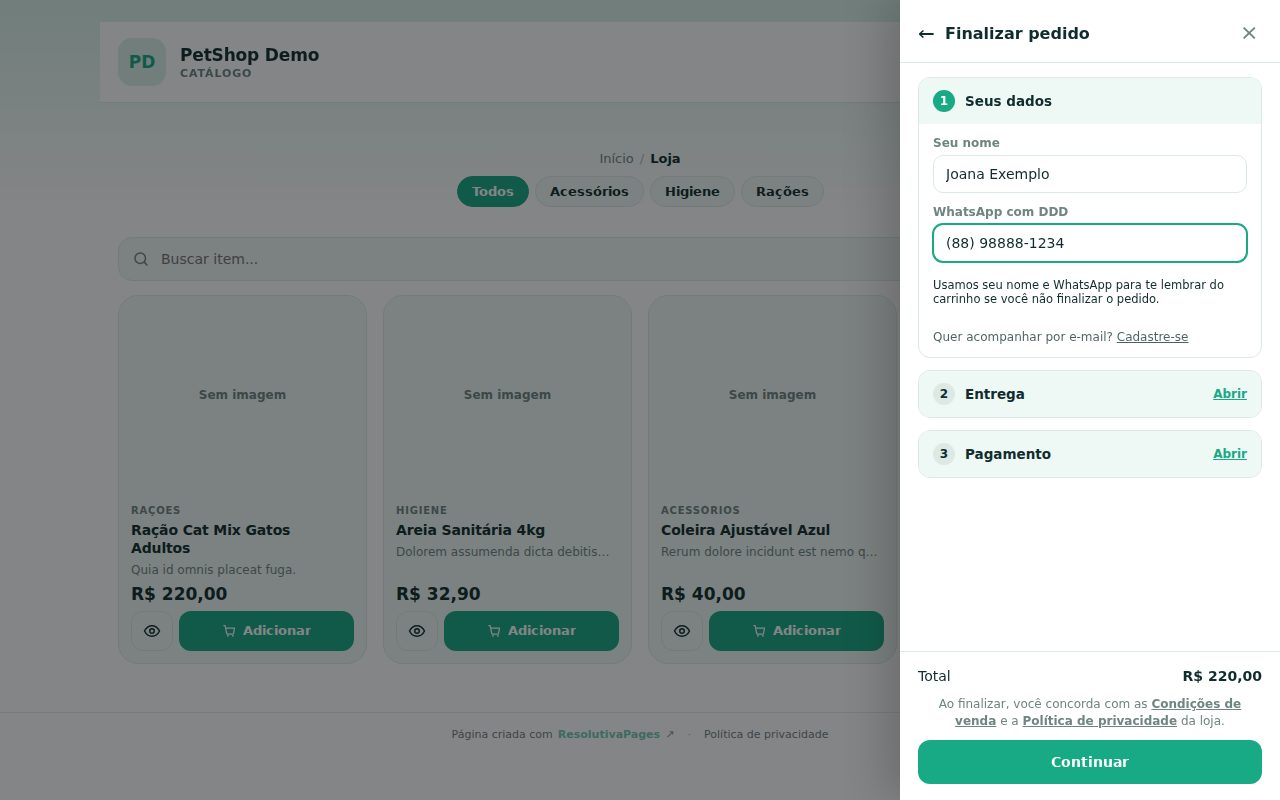 Checkout do catálogo da PetShop Demo, no passo Seus dados, com o nome Joana Exemplo e o WhatsApp preenchidos, e o aviso: Usamos seu nome e WhatsApp para te lembrar do carrinho se você não finalizar o pedido.