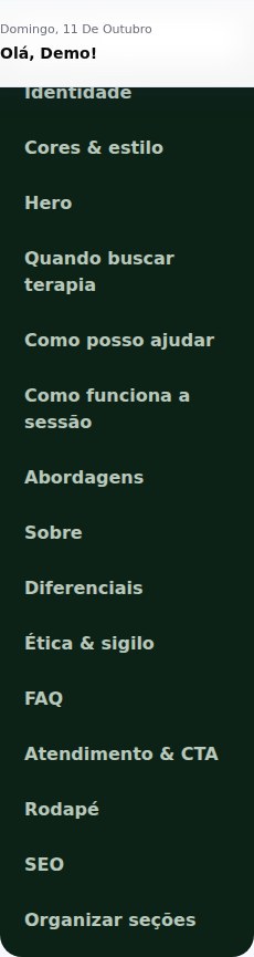 Menu lateral do editor com as abas do modelo, de Identidade até SEO, e no fim a aba Organizar seções destacada