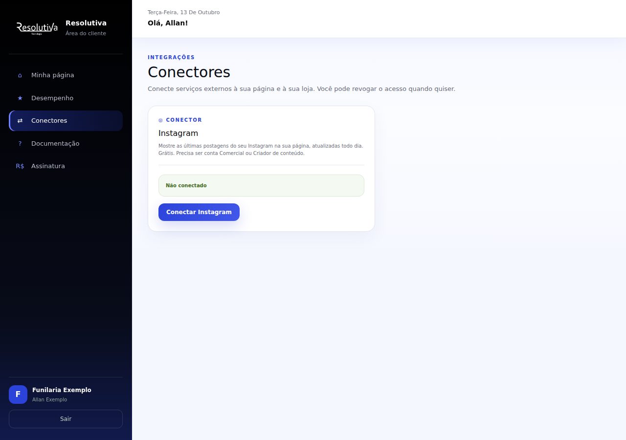 Tela Conectores do portal com o cartão do Instagram e o botão Conectar Instagram