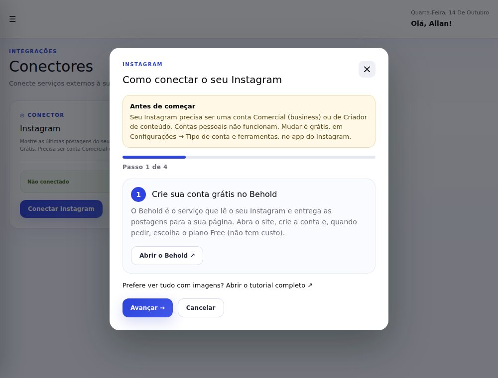 Assistente do Instagram no passo 1 de 4, com aviso sobre conta Comercial e o botão Abrir o Behold