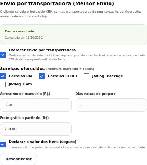 Bloco Envio por transportadora com conta conectada, serviços oferecidos, acréscimo, dias extras, frete grátis e declarar valor