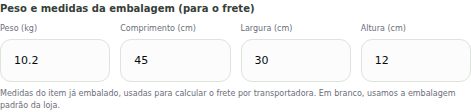 Bloco Peso e medidas da embalagem com Peso em kg, Comprimento, Largura e Altura em cm
