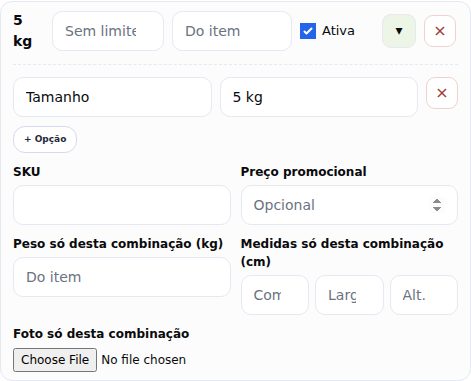 Detalhes de uma combinação com os campos Peso só desta combinação e Medidas só desta combinação