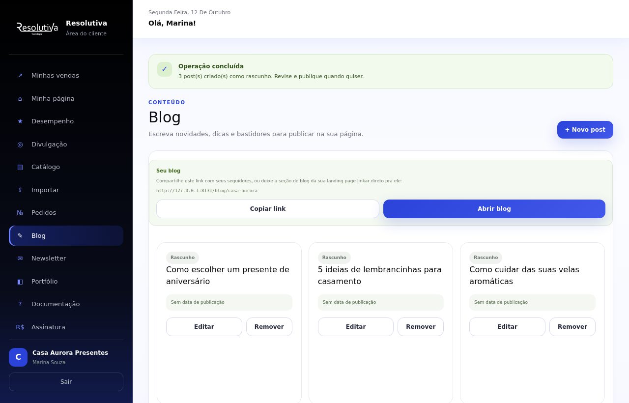 Lista do Blog com três posts importados marcados como Rascunho e a mensagem de posts criados