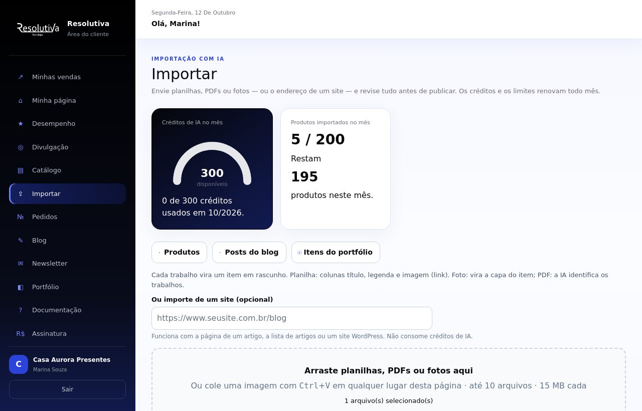 Tela Importar com a opção Itens do portfólio marcada e um arquivo selecionado