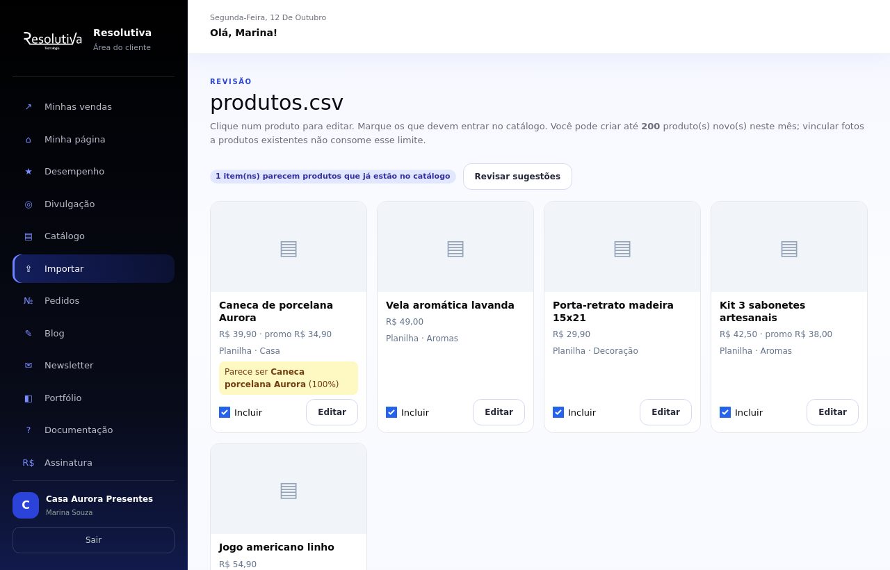 Grade de revisão com cinco produtos importados da planilha, cada um com a opção Incluir e o botão Editar