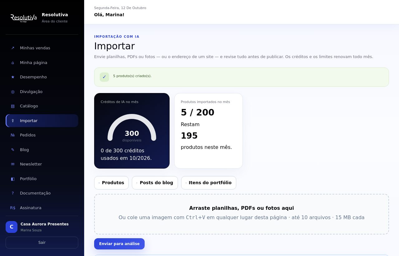 Tela Importar com a mensagem de 5 produtos criados e o contador 5 de 200 produtos no mês