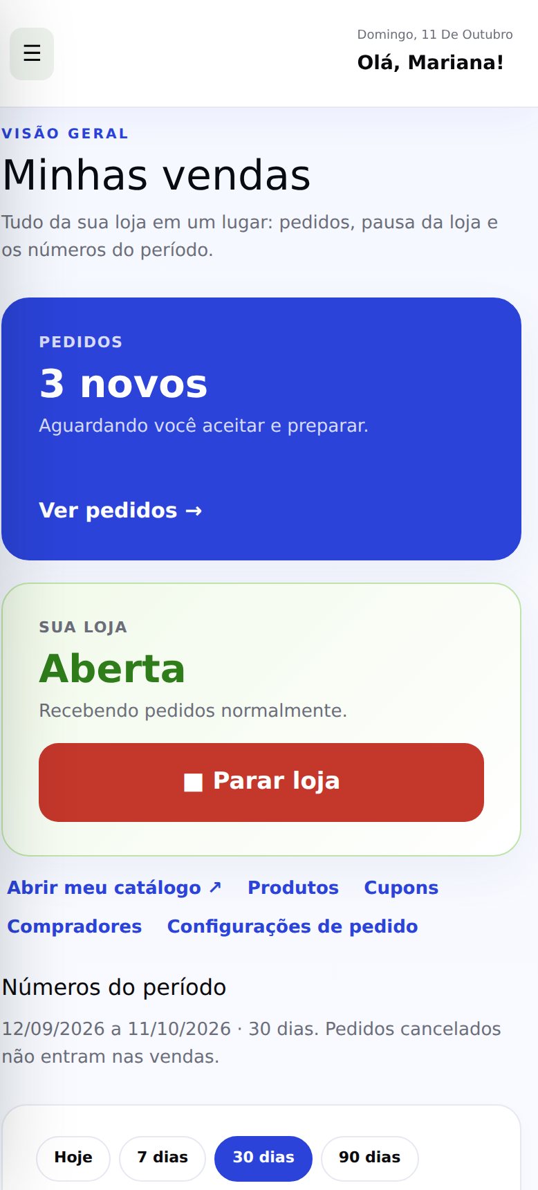 Tela Minhas vendas no celular, com os cartões de pedidos novos e da loja