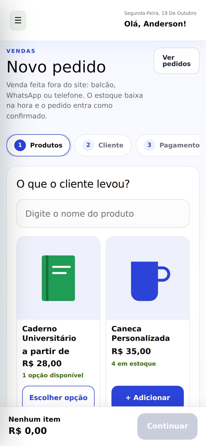 Tela Novo pedido no celular com a busca de produtos e dois cartões: Caderno Universitário e Caneca Personalizada