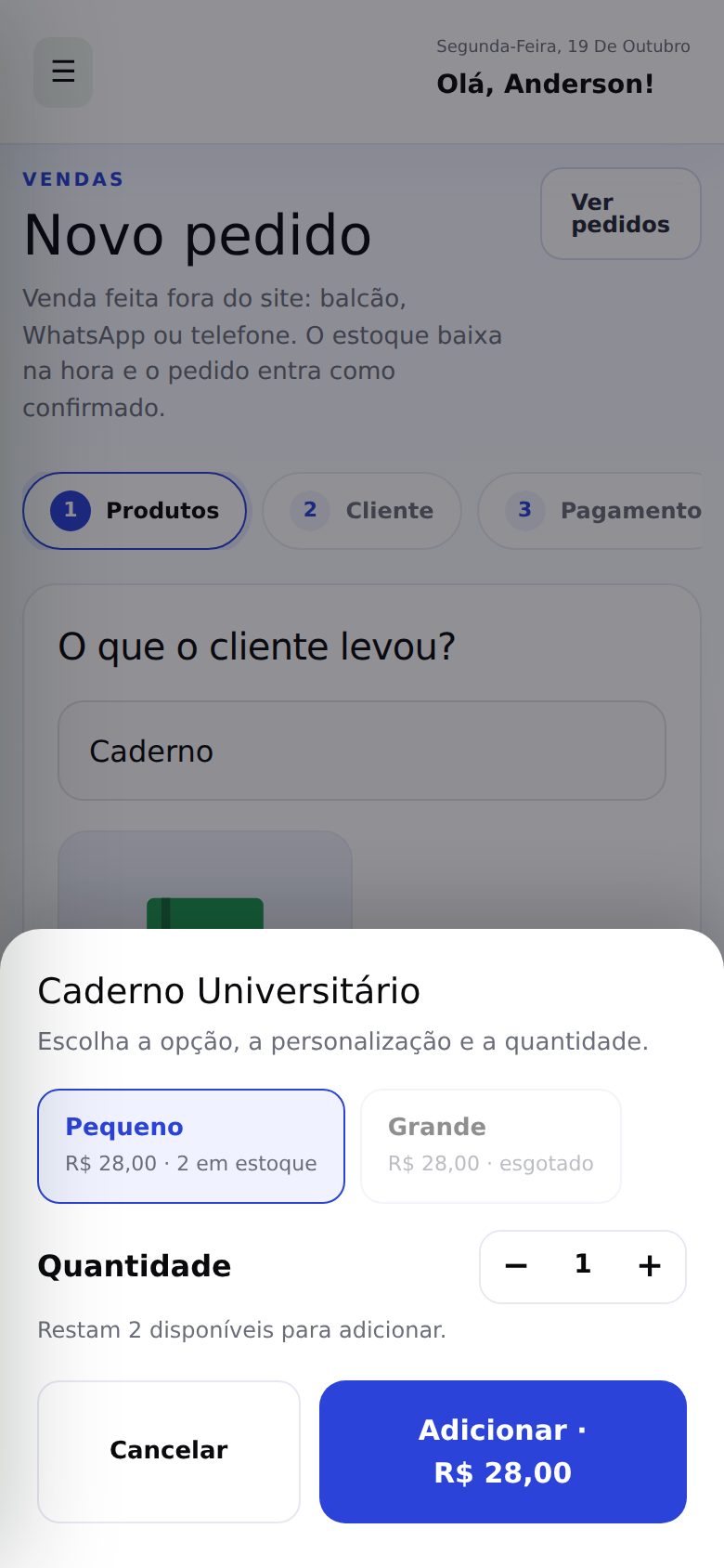 Janela de escolha com as variações Pequeno (disponível) e Grande (esgotada), quantidade 1 e o botão Adicionar