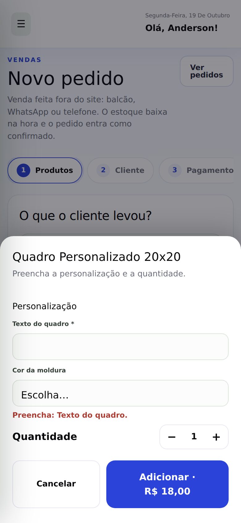 Janela de personalização com o campo obrigatório Texto do quadro vazio e a mensagem de erro em vermelho