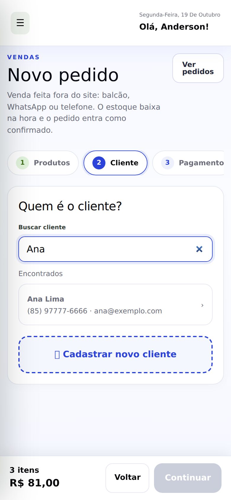 Tela de cliente com o campo Buscar cliente preenchido com Ana e o resultado Ana Lima