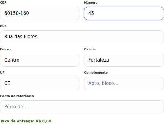Campos de endereço preenchidos com CEP, rua, bairro, cidade, UF e número 45, e a mensagem Taxa de entrega R$ 8,00