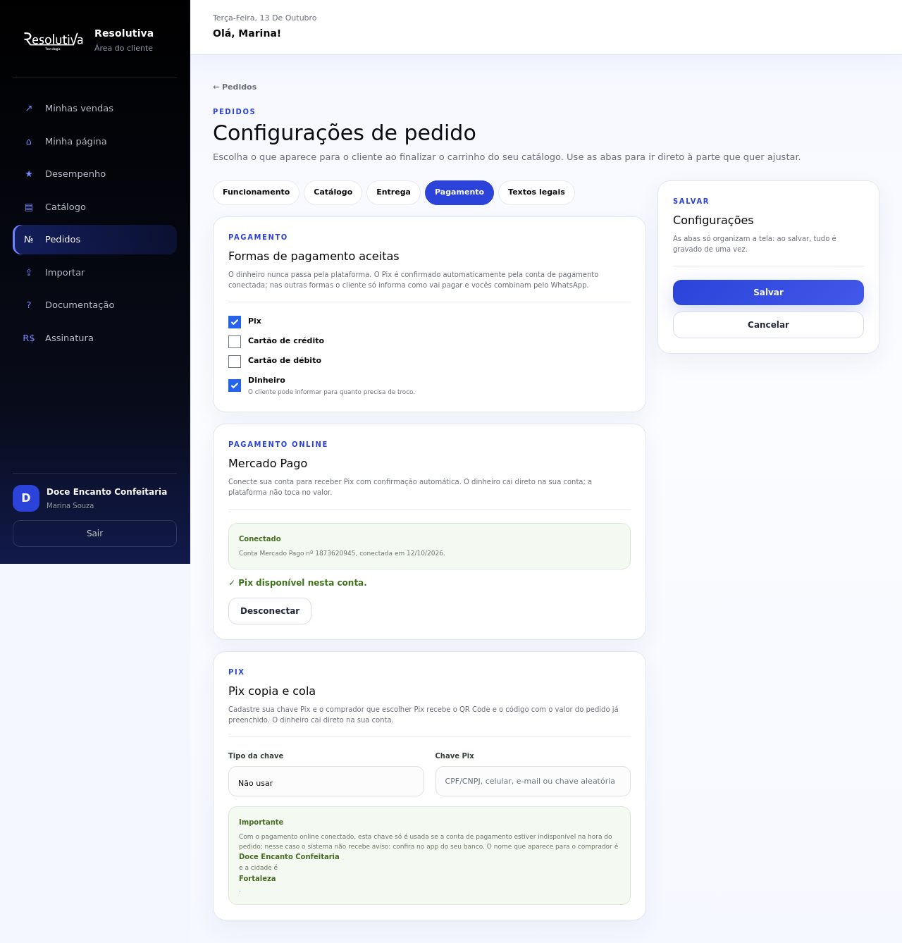 Aba Pagamento com o cartão Pagamento online mostrando a conta conectada, o aviso Pix disponível nesta conta e o botão Desconectar