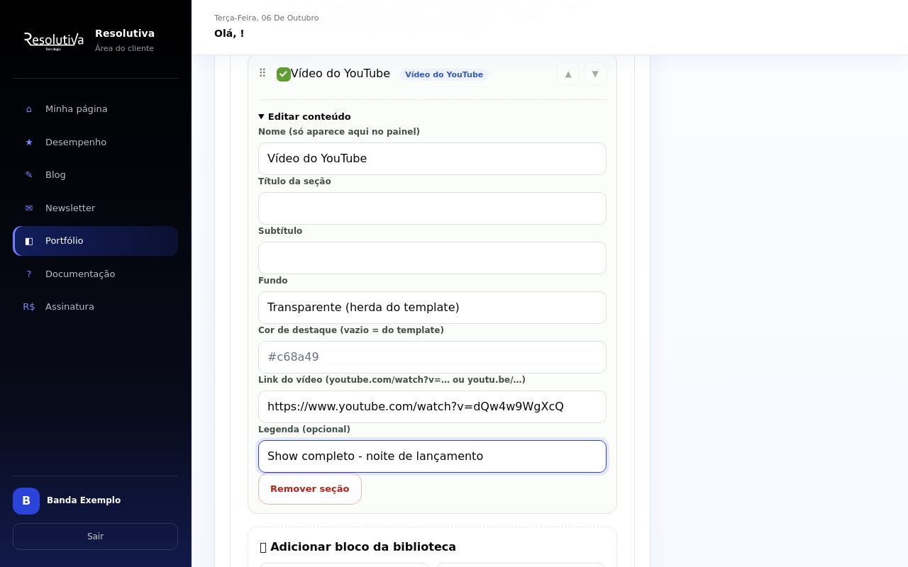 Bloco Vídeo do YouTube com o link e a legenda preenchidos