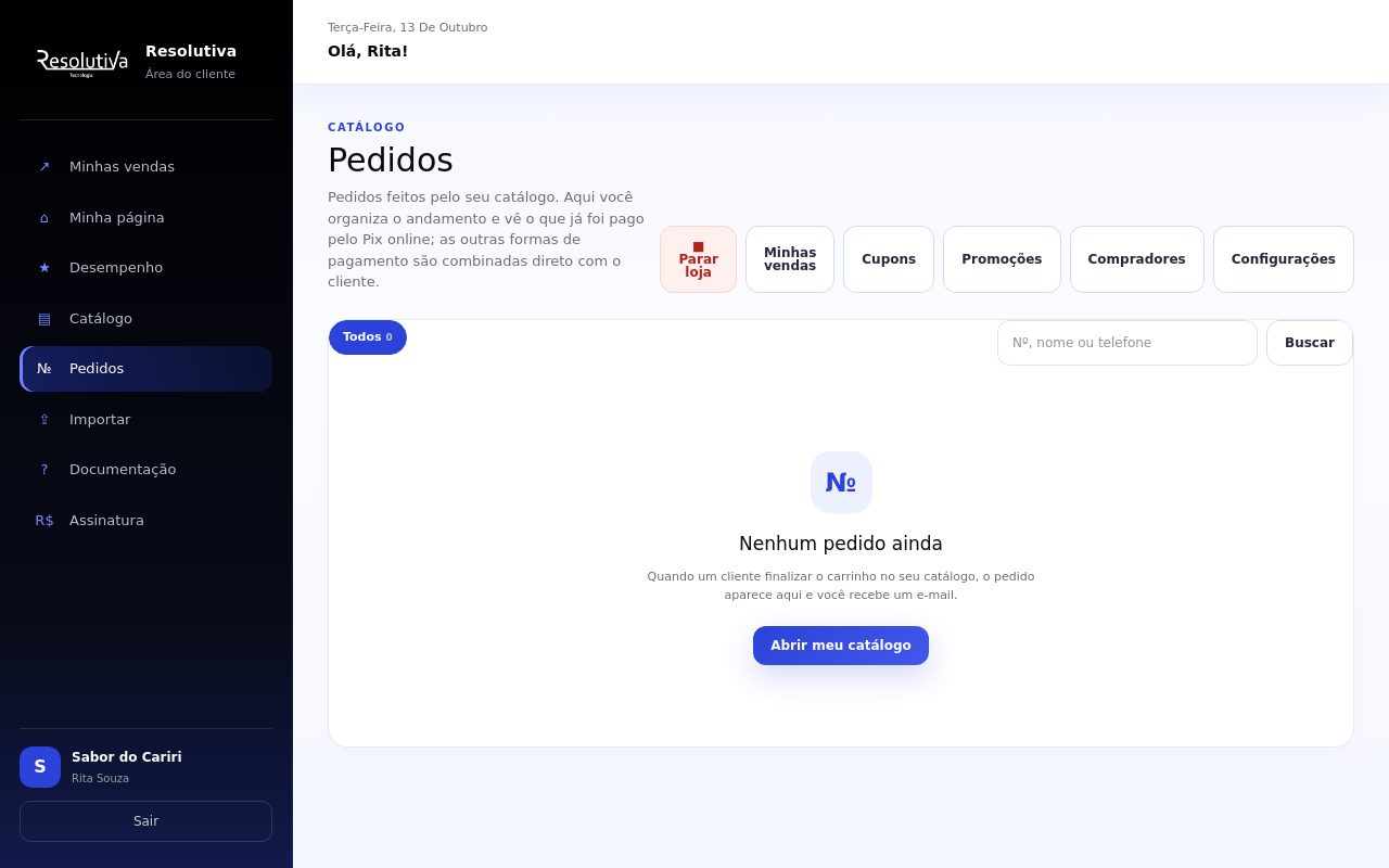 Tela Pedidos com os botões Parar loja, Minhas vendas, Cupons, Promoções, Compradores e Configurações; o botão Promoções está em destaque