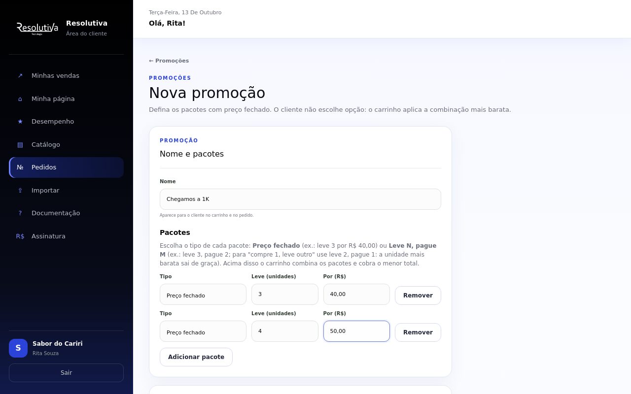 Tela de nova promoção com pacotes de preço fechado, como leve 3 por R$ 40