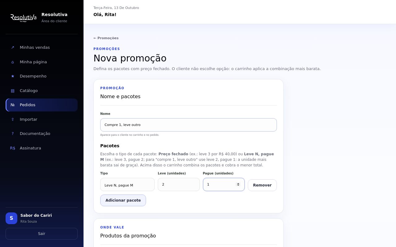 Tela Nova promoção com o nome Compre 1, leve outro e um pacote do tipo Leve N, pague M: leve 2, pague 1