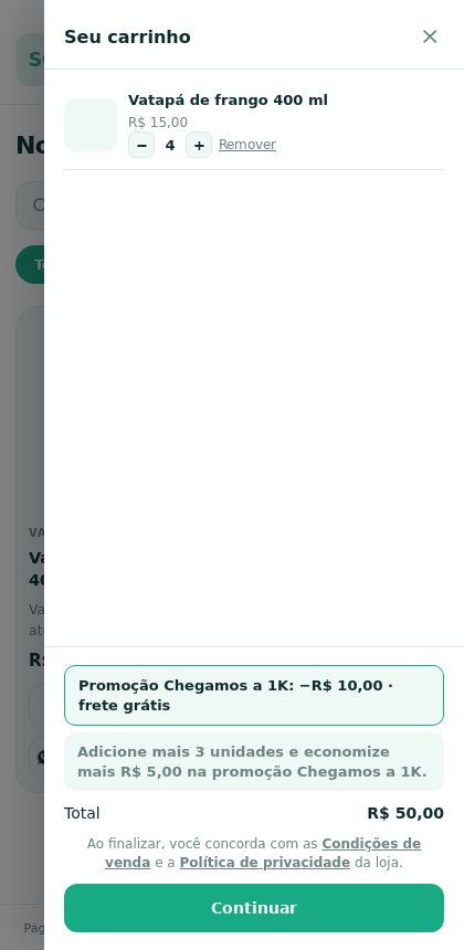 Carrinho com 4 unidades de Vatapá de frango, a linha Promoção Chegamos a 1K menos R$ 10,00 e frete grátis, e o total de R$ 50,00