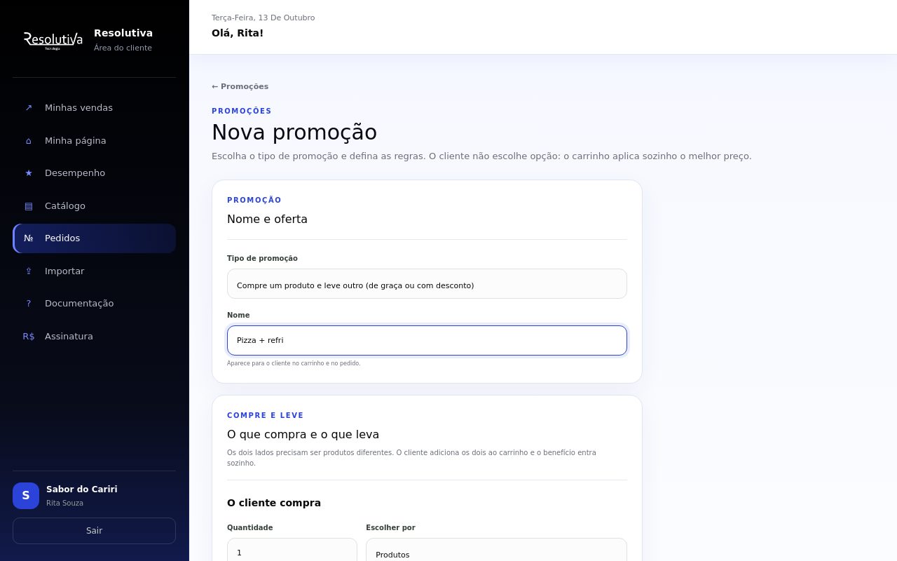 Tela Nova promoção com o Tipo de promoção em Compre um produto e leve outro, o nome Pizza + refri e a seção Compre e leve