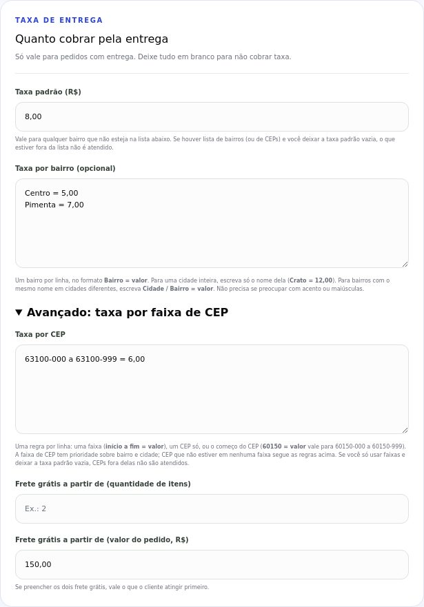 Cartão Taxa de entrega com taxa padrão, taxa por bairro, faixa de CEP e frete grátis