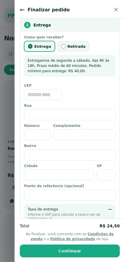 Finalizar pedido com a opção Entrega marcada e a mensagem da loja no topo do endereço