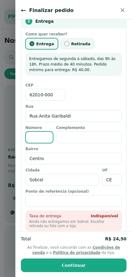Taxa de entrega Indisponível com aviso de que a loja ainda não entrega naquela cidade