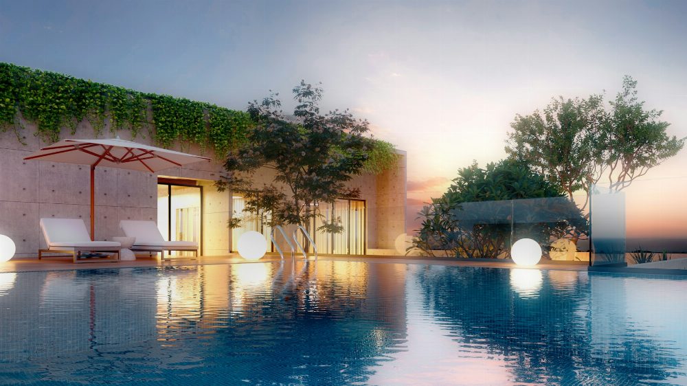 Piscina residencial ao entardecer